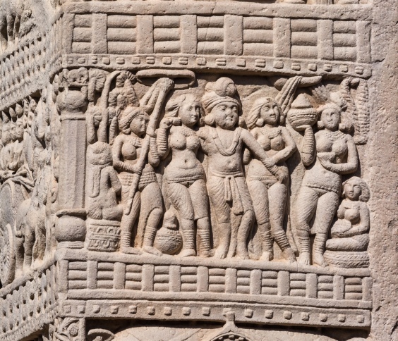 Ashoka, supported by his two Queens, in grief over the neglected sacred pipal tree