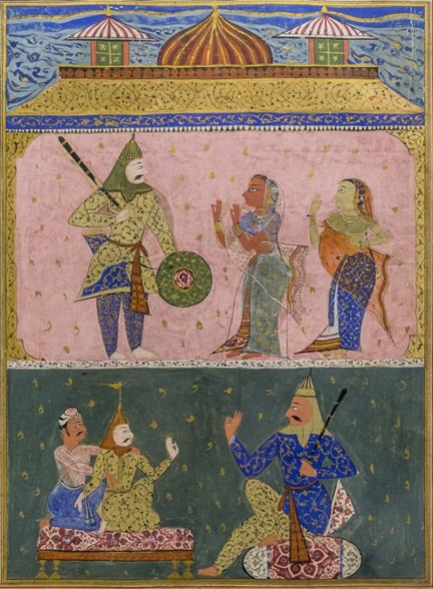 Laur receiving lessons in warfare from his teacher Ajai. Circa 1550 A.D.